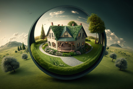Beautiful landscape with a house in a glass sphere on the background of natureの素材