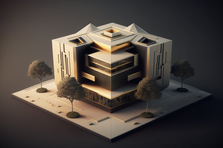 3d illustration of modern building with abstract geometric shape and trees.の素材