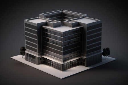 3D render of a modern office building on a dark background.の素材
