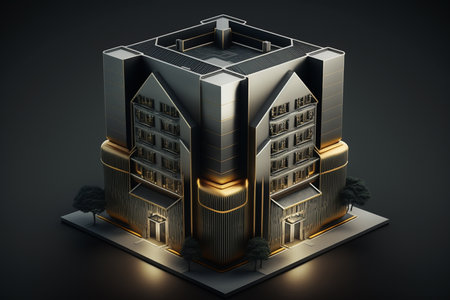 Modern city building on a black background. 3d render illustration.の素材