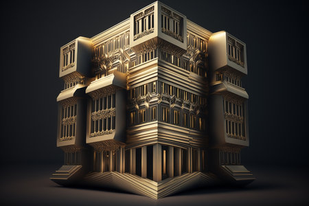 3d rendering of a golden building in the form of a cubeの素材