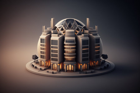 3d illustration of a futuristic city with a lighted building.の素材