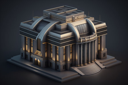 3d illustration of an old building in the style of the sixtiesの素材