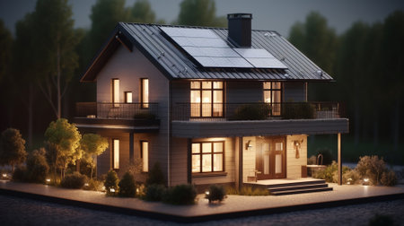 3D rendering of a house with solar panels on the roof.の素材
