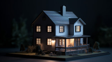 Real estate concept. Miniature house model with lights. 3D renderingの素材