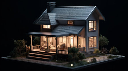 3D rendering of a private house in the village at night.の素材