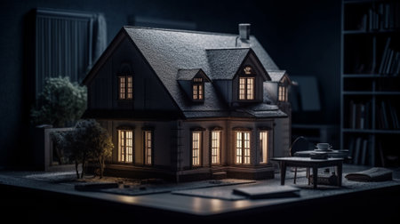 Mortgage concept. Model of a house on a dark background. Mixed mediaの素材