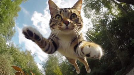 Cute tabby cat flying in the air and looking at cameraの素材