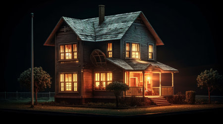3D rendering of a house at night. The house is illuminated by the lamp.の素材