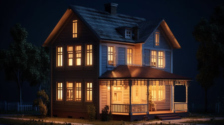 3D rendering of a beautiful house at night with lights on.の素材