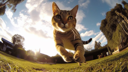 Bengal cat jumping in the park at sunset. Action.の素材