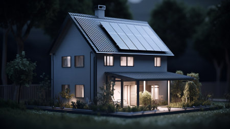 3D rendering of a house with solar panels on the roof.の素材
