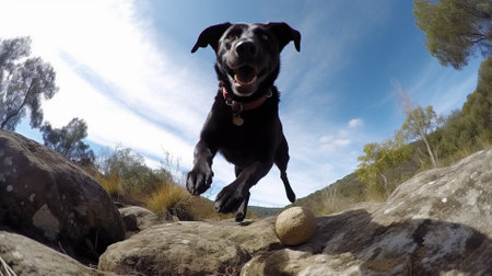 Black labrador playing with a ball on a rock in the mountainsの素材