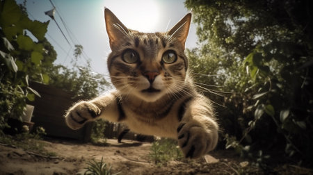 cat in the garden on the background of the sun and the skyの素材