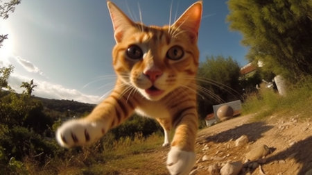 Funny cat in the park. Action. The cat runs and jumps.の素材