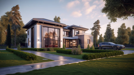 3d rendering of modern cozy house with garage and pool for sale or rent with beautiful landscaping on background. Clear summer evening with blue sky.の素材