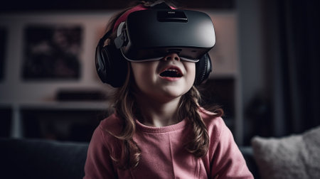 Little girl wearing virtual reality goggles at home. Future technology concept.の素材