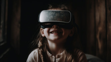 little girl with glasses of virtual reality in the dark room at nightの素材