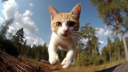 Cute ginger cat playing in the forest. Cute kitten in nature.の素材