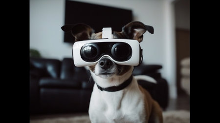 Jack russell terrier dog wearing virtual reality glasses at homeの素材