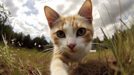 Cute cat in the grass looking at the camera with big eyesの素材