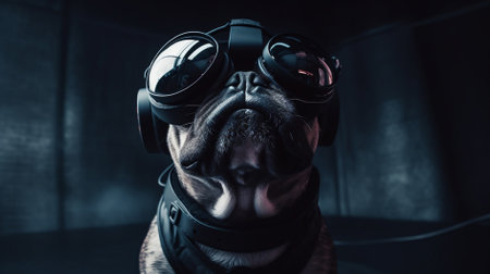 french bulldog dog wearing aviator glasses and goggles in dark roomの素材