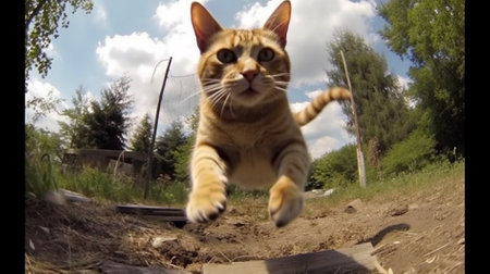 The cat is jumping. The cat is looking at the camera.の素材