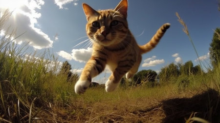 Beautiful cat jumping in the meadow with blue sky and cloudsの素材