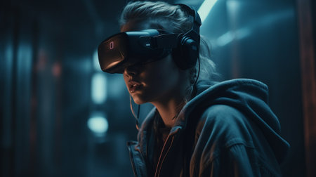 Portrait of young woman using virtual reality headset while standing in corridorの素材