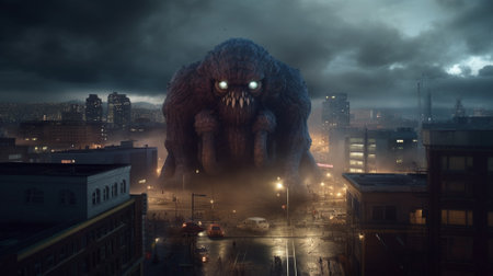 3d illustration of a monster on the background of the night cityの素材