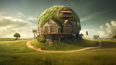 Fantasy landscape with a house in the middle of the field.の素材
