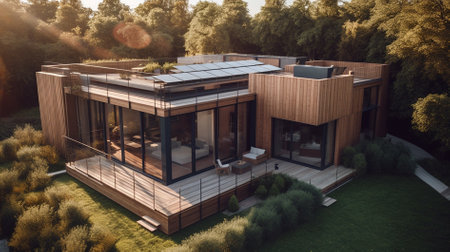 Modern house with a roof made of wood. 3d rendering.の素材