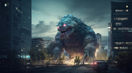 3D rendering of a monster in front of a cityscape at nightの素材