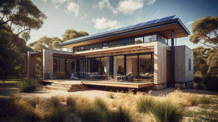 3d rendering of modern cozy house with solar pannel for sale or rent with wood plank facade.の素材