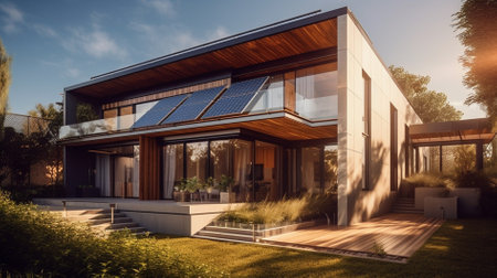 3d rendering of modern cozy house with solar panels on the roof.の素材