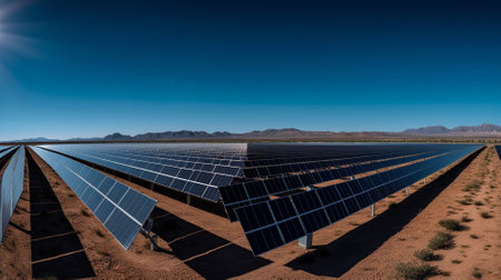 solar energy in the desert with blue sky and mountains in the backgroundの素材