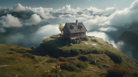 Fantastic mountain landscape with a small cottage in the middle of the cloudsの素材
