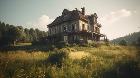 Abandoned house in the meadow at sunset. Vintage style.の素材