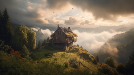 Wooden cottage in the mountains at sunrise. Carpathians, Ukraineの素材