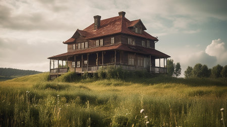 Old wooden house in the meadow. Retro stylized image.の素材