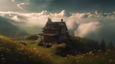 Wooden house in the mountains at sunset. 3d illustration.の素材
