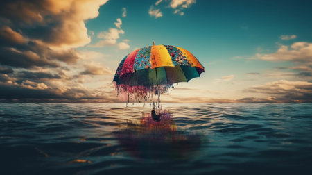 Rainbow umbrella in the sea and sky background. 3d renderingの素材