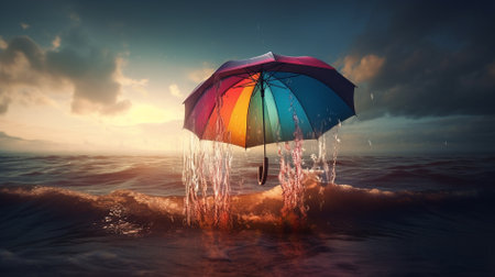 Rainbow umbrella in the sea with splashes of water. Mixed mediaの素材
