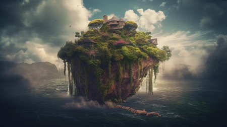 Fantasy landscape with floating island. 3d rendering. Computer digital drawing.の素材