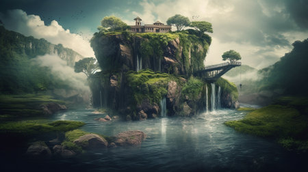 Fantasy landscape with waterfall and house on the rock. 3d renderingの素材