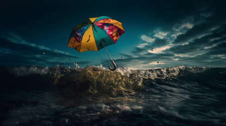 Umbrella in the sea, 3d rendering. Computer digital drawing.の素材