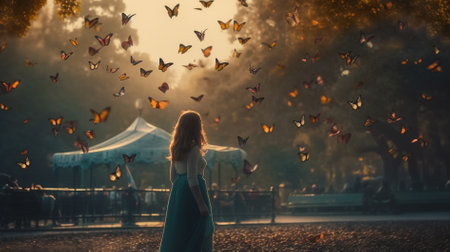 Beautiful young woman in the autumn park with flying butterflies at sunsetの素材