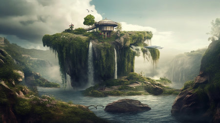 Fantasy landscape with waterfall and lake. 3D Rendering.の素材
