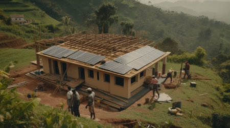 Photovoltaic panels installed on the roof of a house.の素材