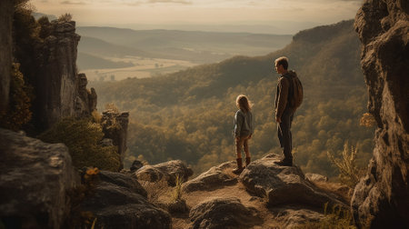 Father and daughter standing on edge of cliff and looking at valley belowの素材